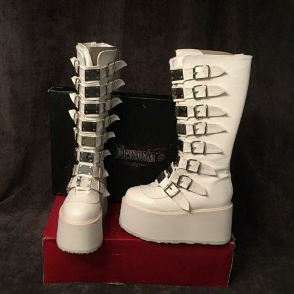 Demonia White Knee-High Platform Boots